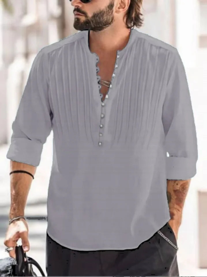 mens bandage round neck high-quality mens solid color cotton folding casual slim fit long sleeved shirt 250427