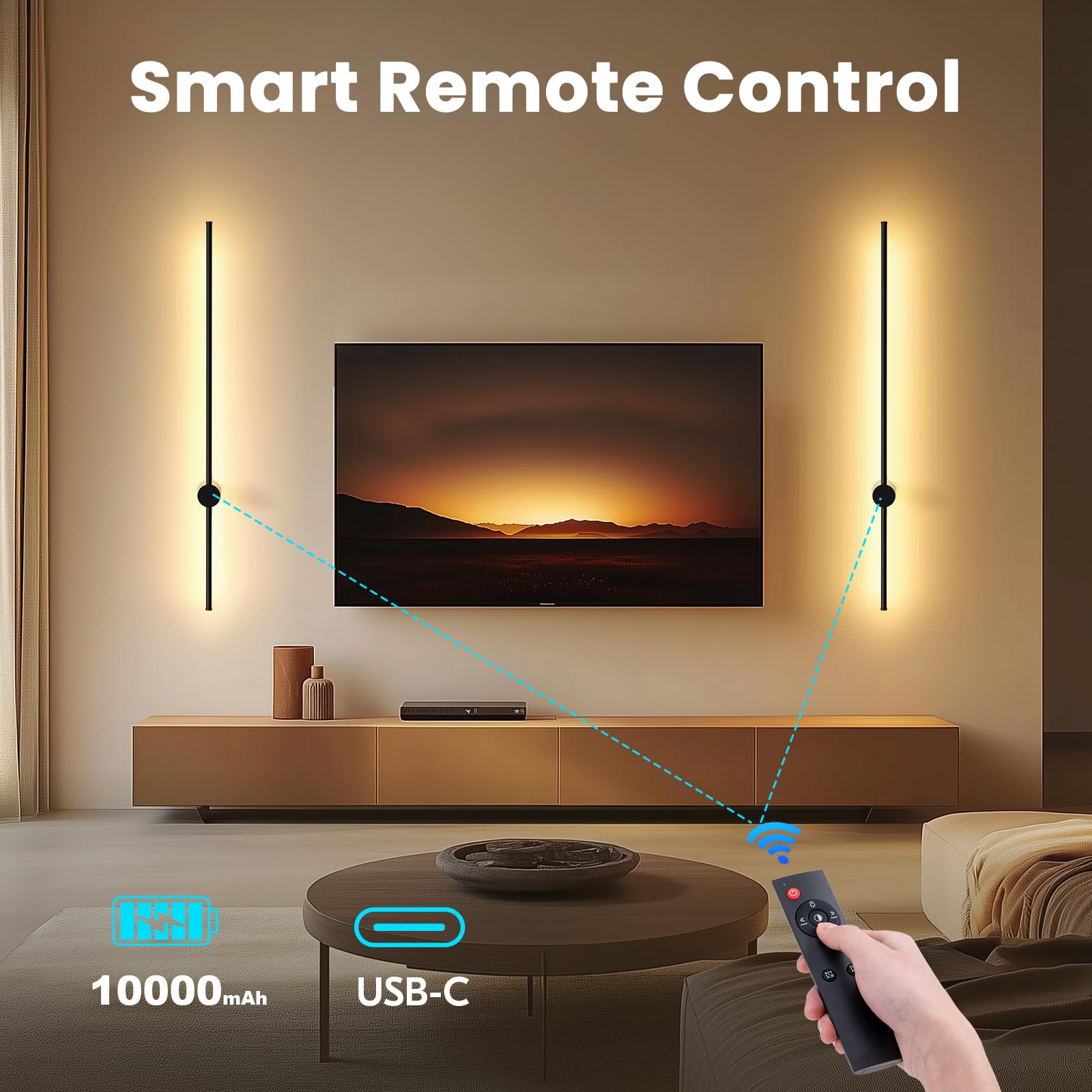 31.5 Inch Battery Operated Wall Sconce,Black Minimalist Rechargeable LED Wall Lights with Remote, 18 Colors Dimmable Wireless Wall Lamp for Living Roo