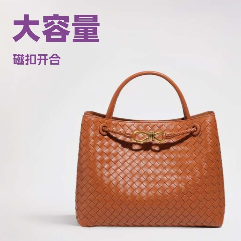 Fashionable niche metal buckle bow woven for women tote bag, genuine leather large capacity single shoulder bag