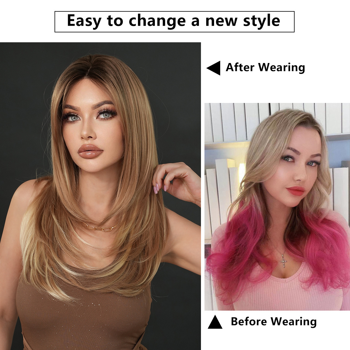 lace Small wig for women full head set Asian spicy girl dyed with gold layers buttoned straight hair natural hair stitching wig