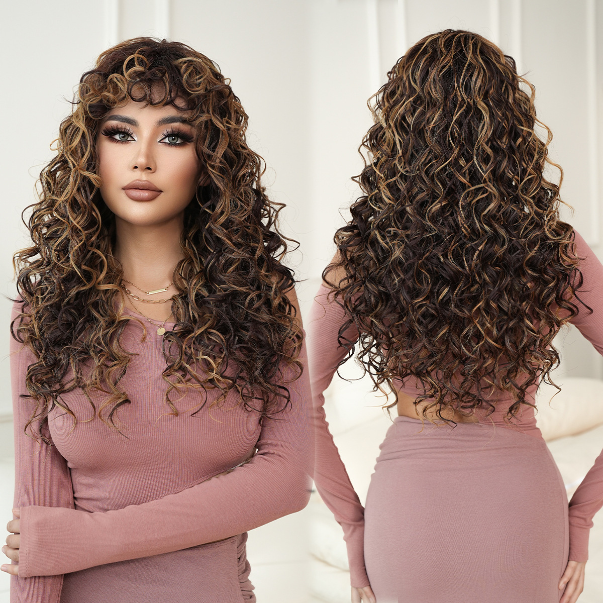 spicy New Asian honey gold curly black spring curly long hair with bangs and synthetic fiber mechanism wig