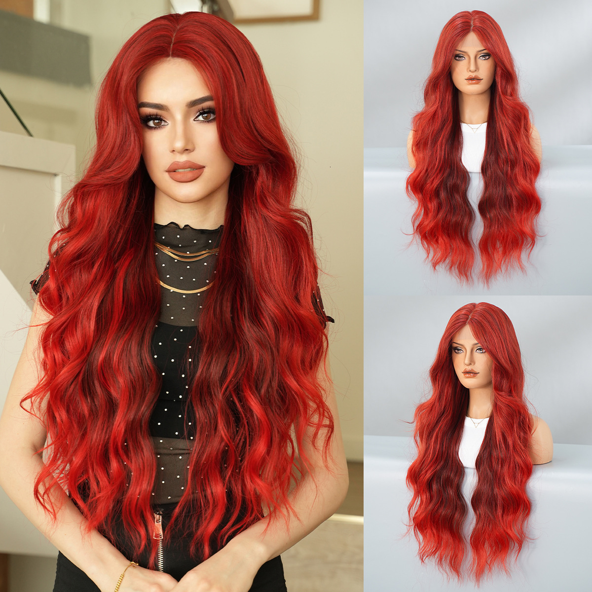 lace Small wig full head set with deep love rose gradient red for womens parties high-quality medium split long curly hair