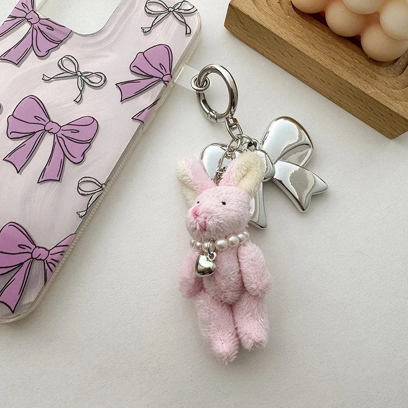 Plush Small Bear Pearl Chain Keychain Cute Doll Bag Charms Big Metal Bow Pendant Keychain Girl Heart Hanging Ornament Jewelry 250430