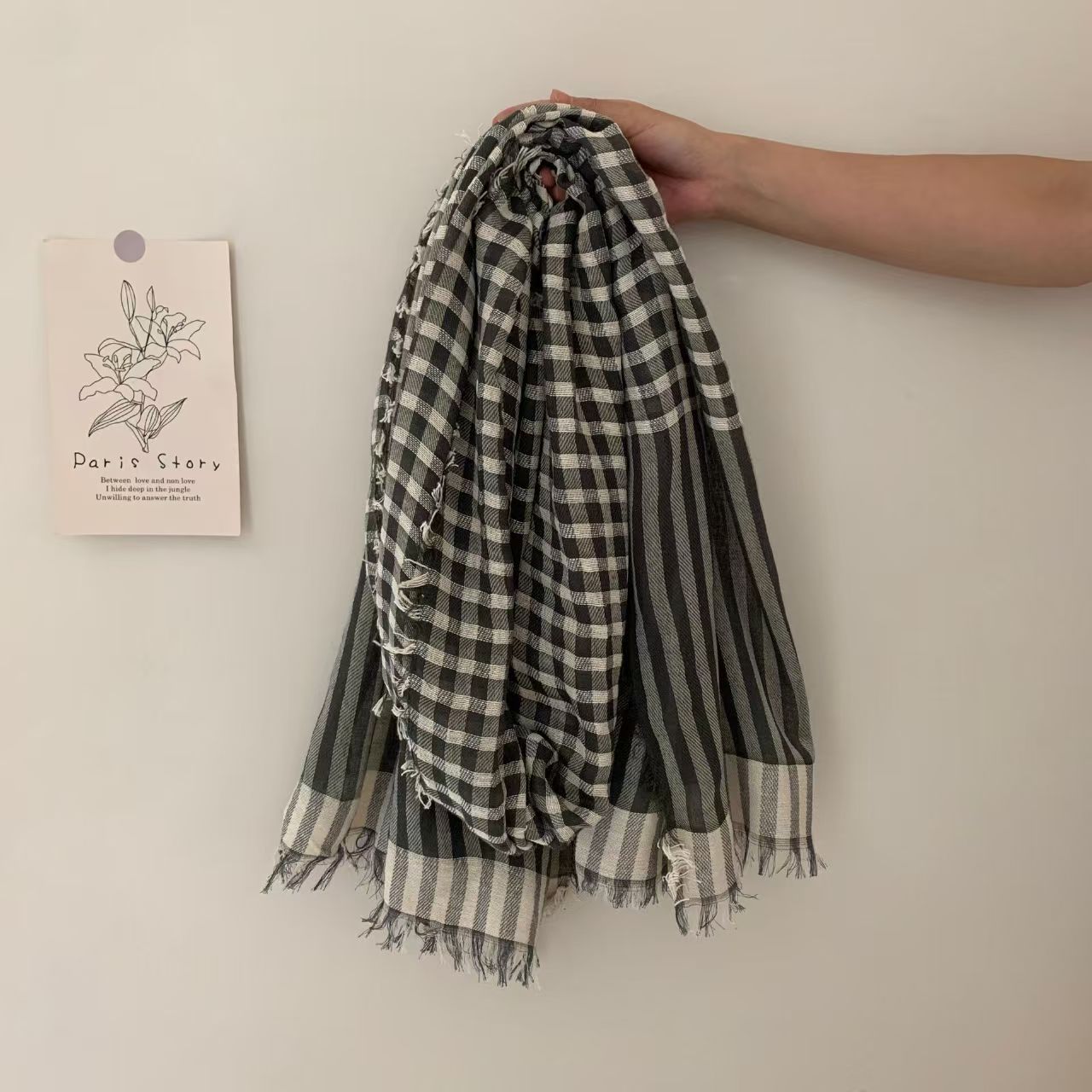 T613 cotton and linen scarf for women in spring and autumn, high-grade shawl, retro sunshade striped plaid natural crepe scarf