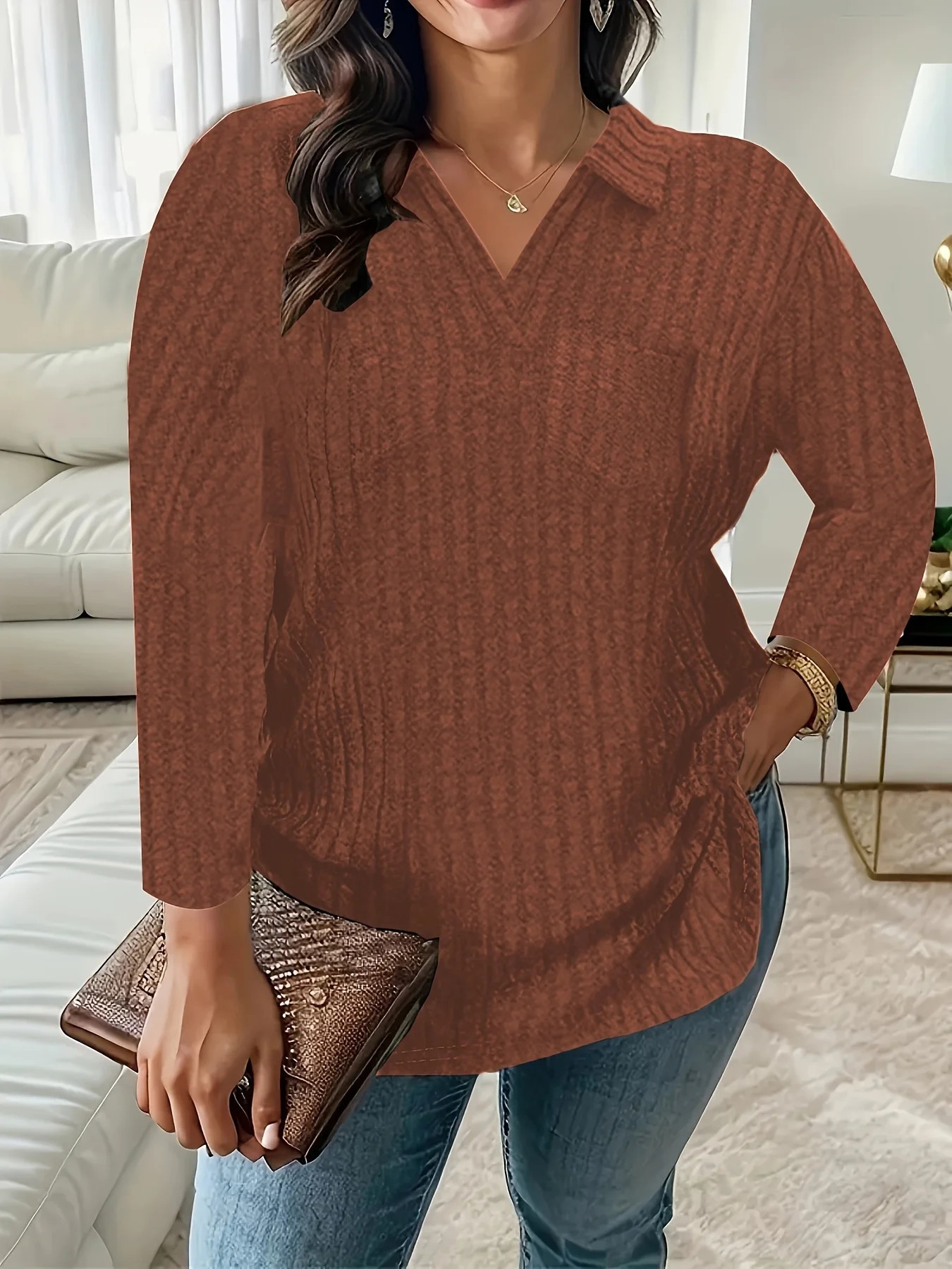2024 European and American Cross border Plus Size Solid Color Vneck Long Sleeve Loose Tshirt 250430Z
