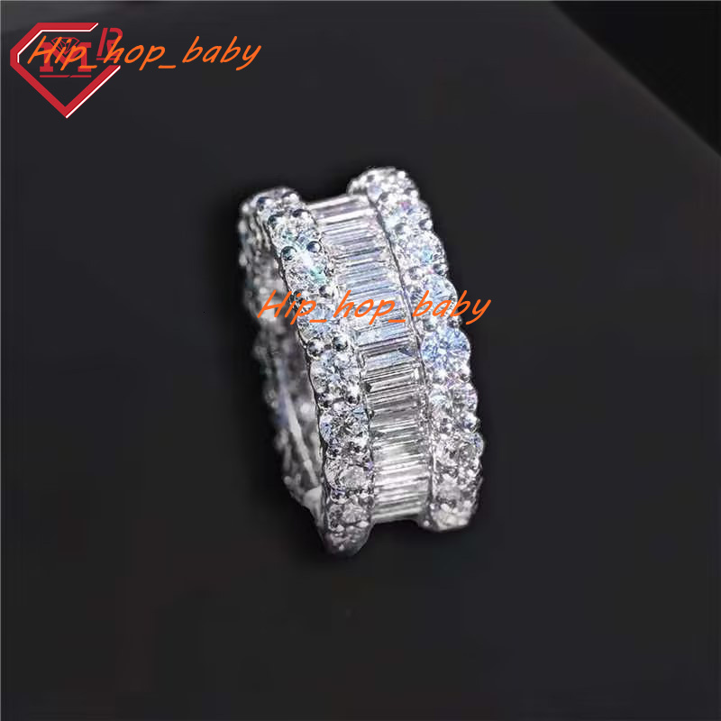 Hip Hop Moissanite Ring Men Round Brilliant Cut Baguette Cut 925 Sterling Silver Vvs Moissanite Ring