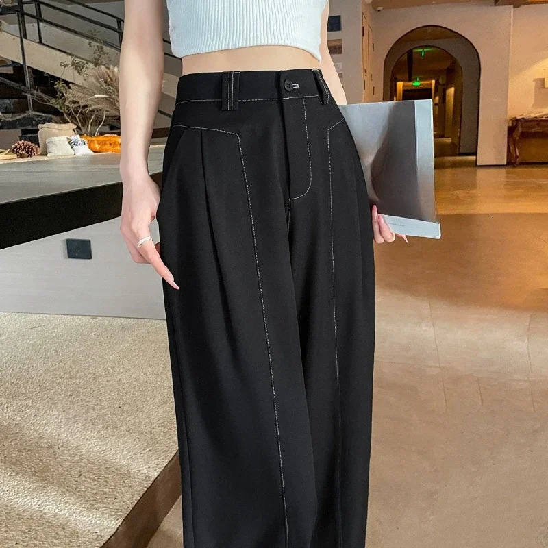 SpringSummer Retro Womens Wide Leg Pants High Waist Solid Casual Loose Straight Full Length 250428