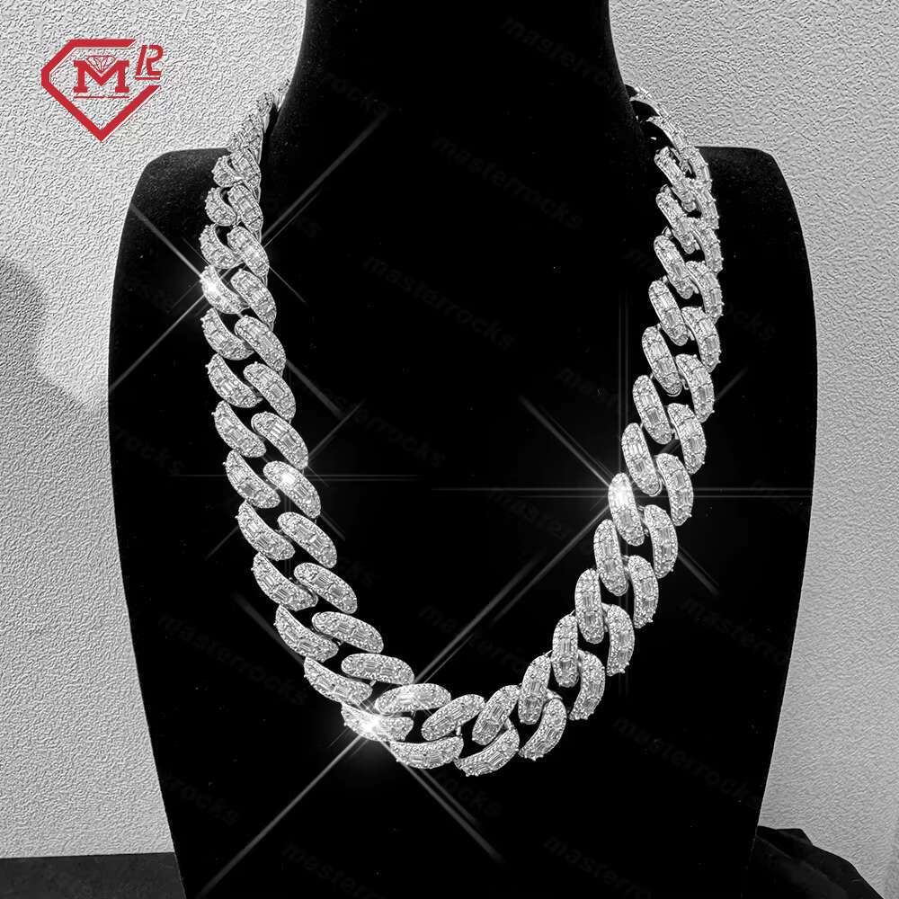 Men 15mm 18mm Baguette Moissanite Cuban 925 Silver Hiphop Iced Out Moissanite Cuban Link Chain