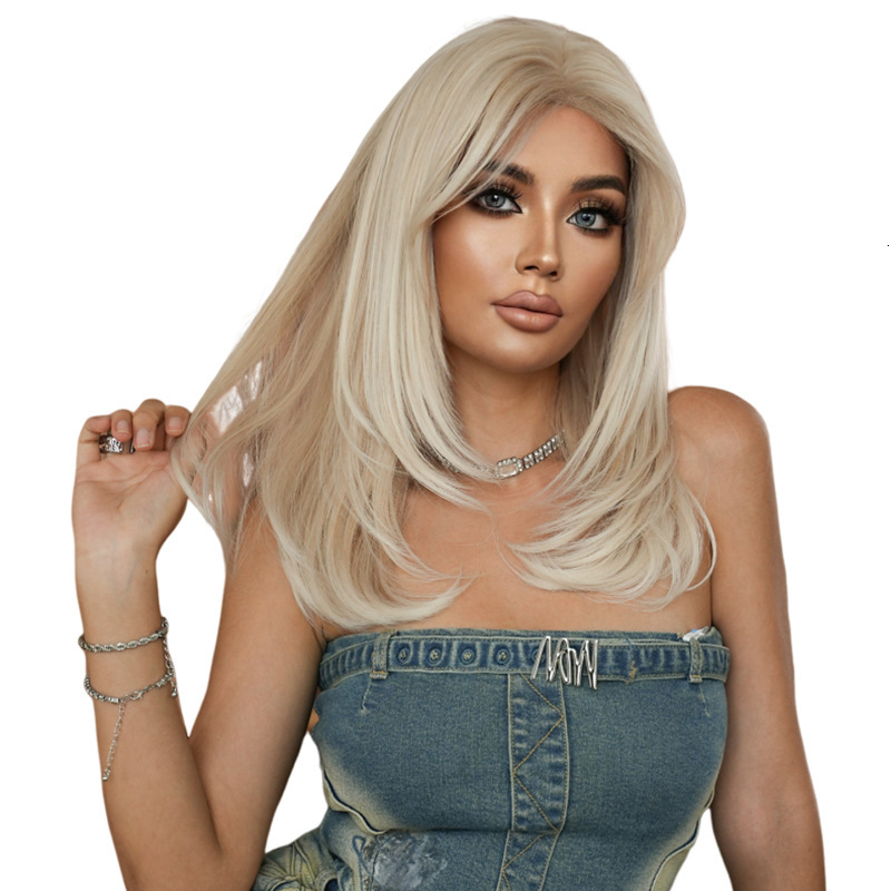 Hot Asian Girl White Gradient Wig Female Full Headset Small Lace Layered Inner Buckle Straight Hair Simulation Sewing Wig