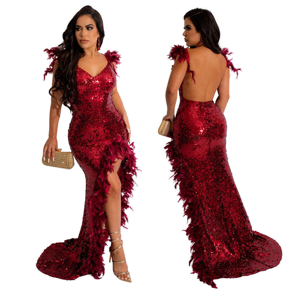 CY900214 European and American sexy feather suspender high slit sequin backless dress V-neck party nightclub style 2025 temperament versatile new tren