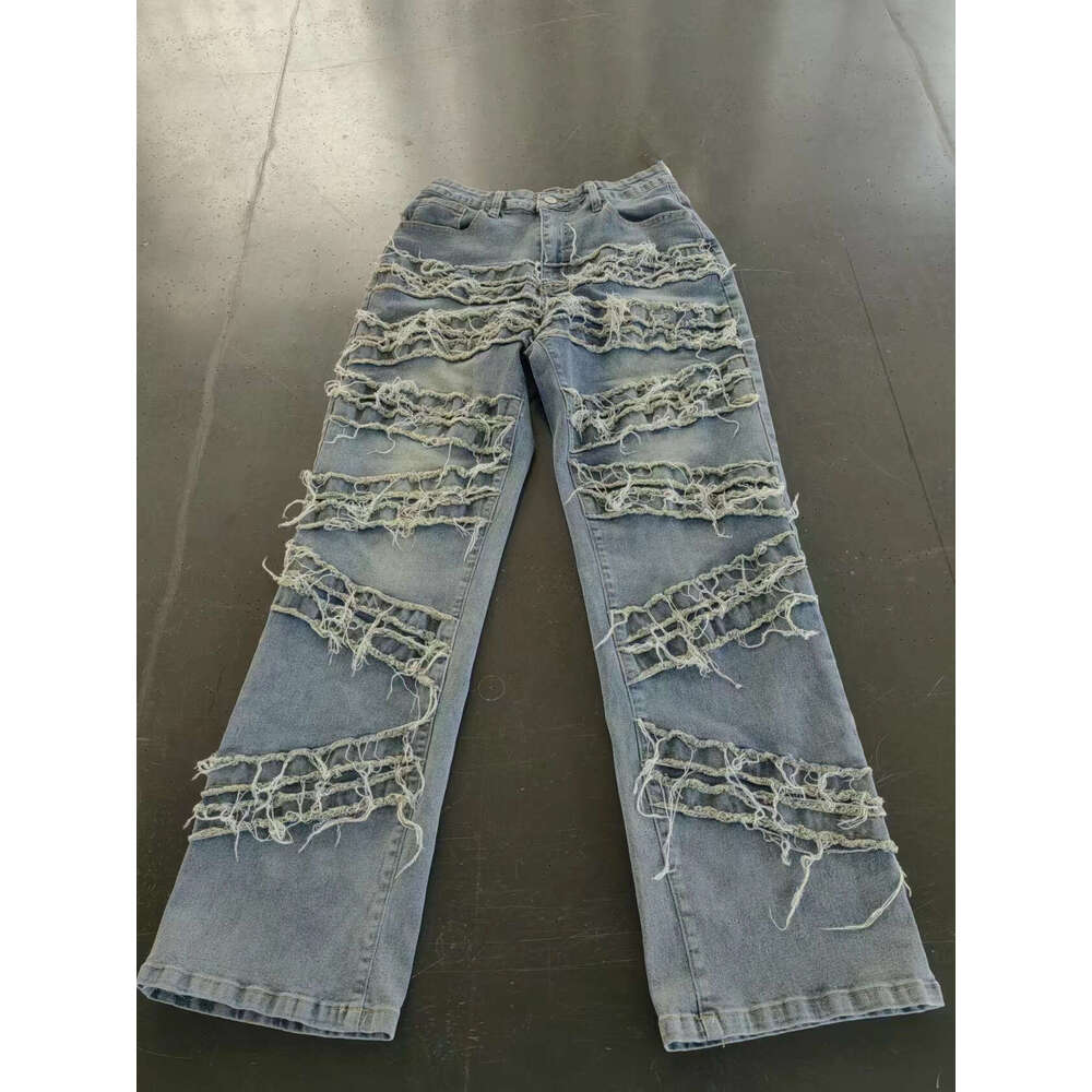 S69562025 summer denim layered perforated washed straight tube tassel fashionable jeans 2025 new casual fashion trend clothing