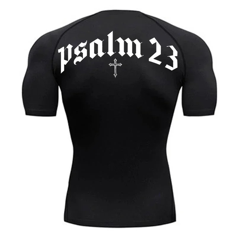Christian Psalm 23 Cross print mens sports quick drying Tshirt top gym workout compression short sleeved fitness suit 250430
