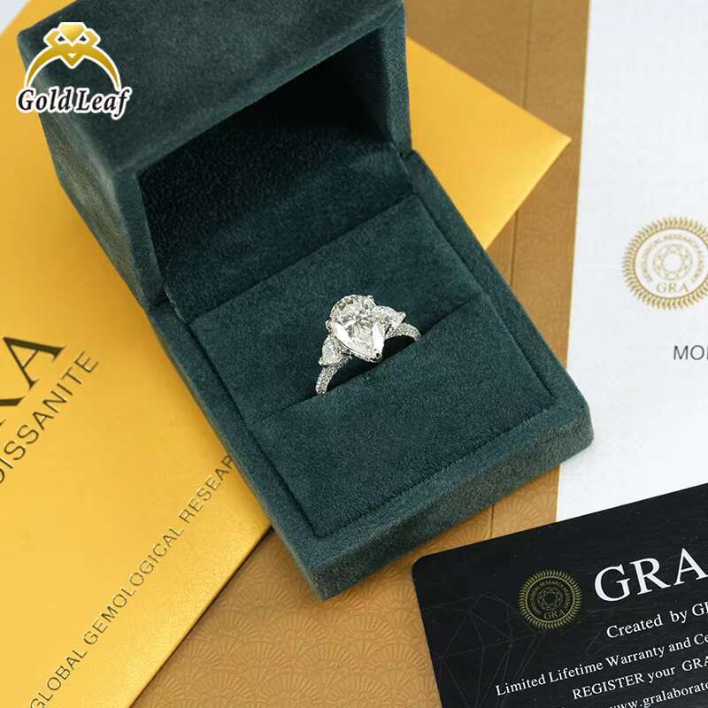 Goldleaf GRA Certificate Moissanite Pear Silver 925 Gold Plated Moissanite Ring Pave Band Moissanite Engagement Rings for Women