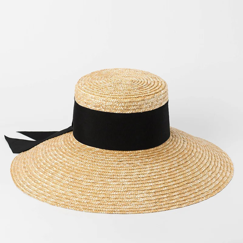 Summer straw hat French elegant seaside travel sun hat bow ribbon flat top large brim straw hat hats for women 250430