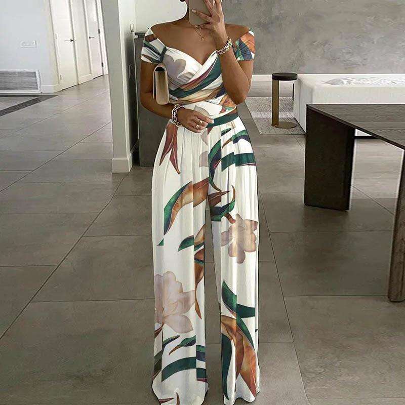 Spring European and American Women's Elegant One Shoulder Printed High Waist jumpsuit New Casual Fashion Trendy Clothing