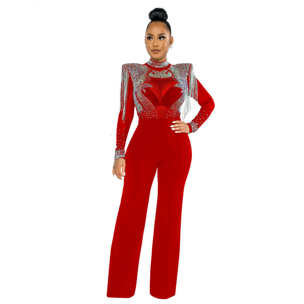 CY9232B European and American fashion sexy casual slim fit high neck see through hot dia fringe jumpsuit for women 2025 temperament versatile new tren