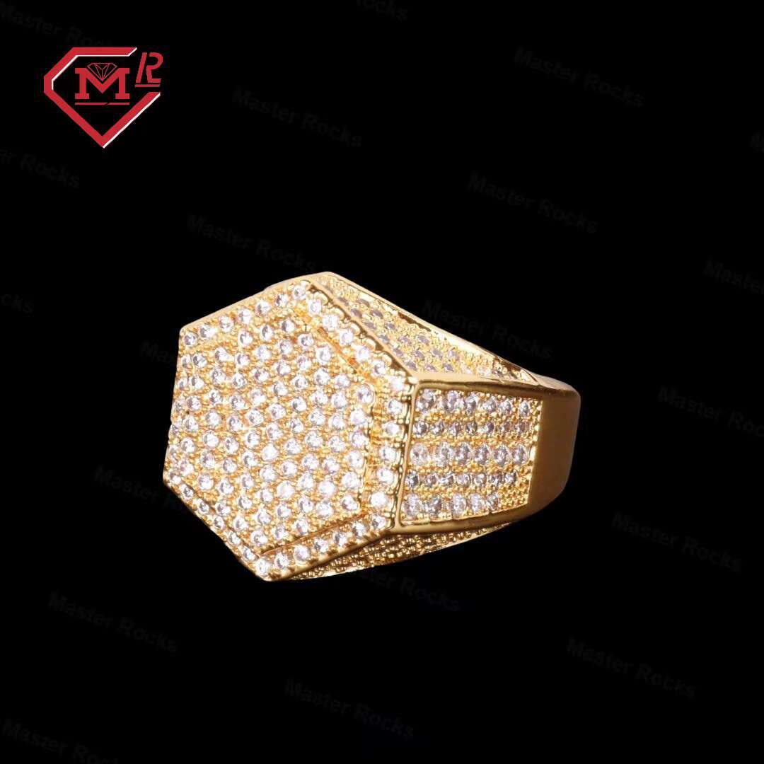 Master Rocks Gold Plated Ring Iced Out 925 Sterling Silver Mens Hip Hop Hexagon Moissanite Ring