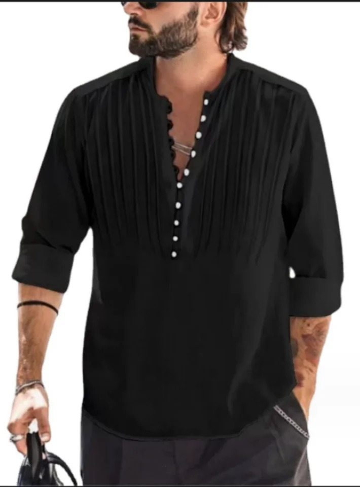 mens bandage round neck high-quality mens solid color cotton folding casual slim fit long sleeved shirt 250427