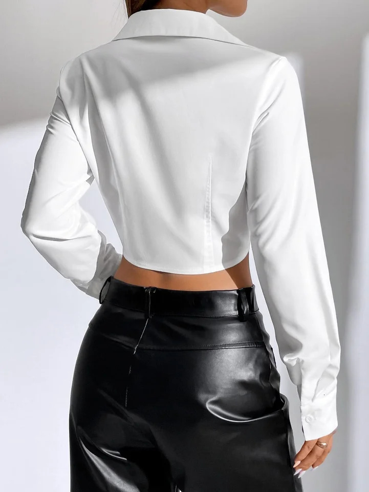Womens casual solid color button crop short sleeved long shirt 250422