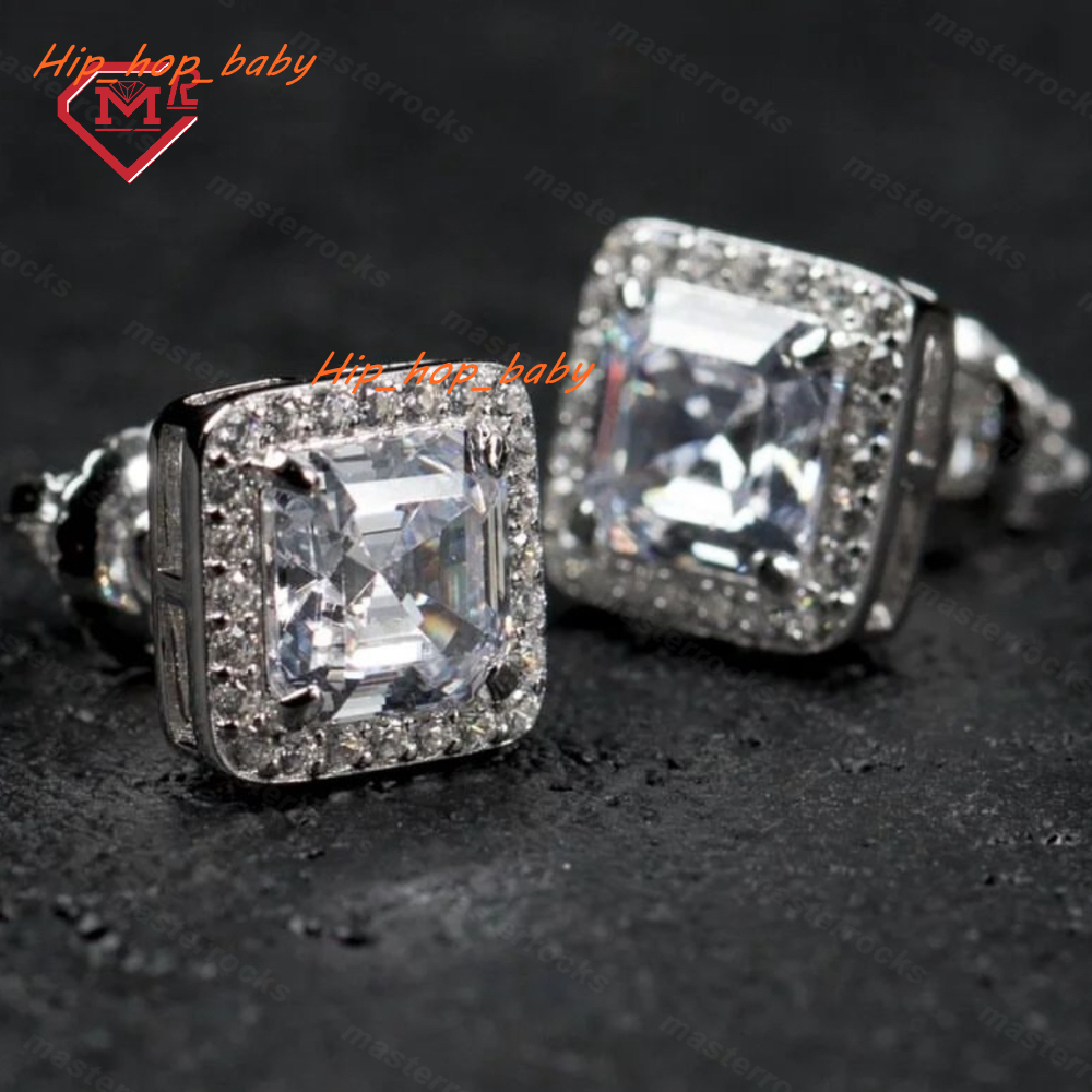 Hip Hop Stud Earrings for Men Customized 925 Sterling Silver Iced Out Vvs Square Moissanite Earrings