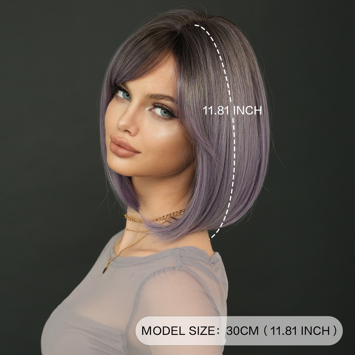 wig 2025 for women with gradient gray purple short straight hair slanted bangs Bob bob short hair synthetic mechanism headband