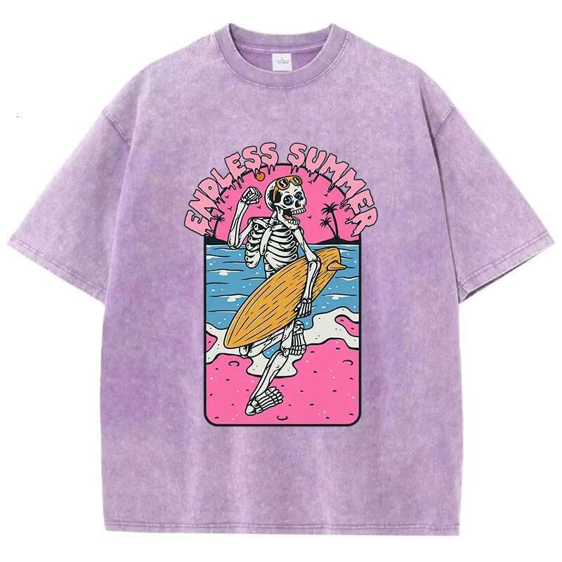 Fashion Women Cotton Washed T-Shirt Endless Summer Skull Surfing Printing Short Sleeve Casual Loose Tee Shirt Vintage Clothes