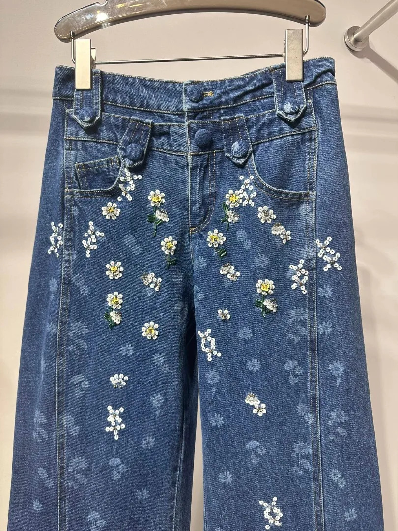 High quality blue floral print sequined denim jeans model 250428