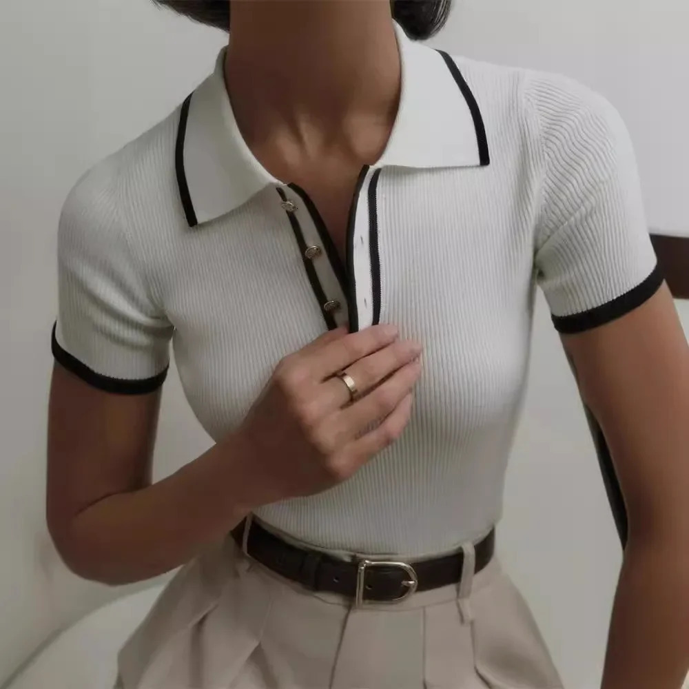 Cross border sources European and American womens clothing summer ice silk knitted sweaters French polo necks short sleeved tops 250425