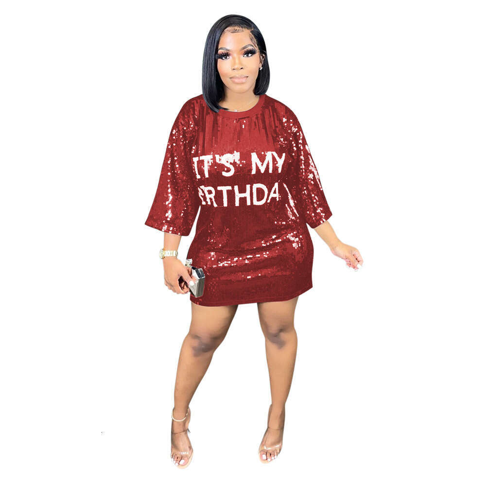 CY900537 European and American Fashion Round Neck Half Sleeve Loose Bead Printed Dress for Women's Party Shining Nightclub Style 2025 Versatile N