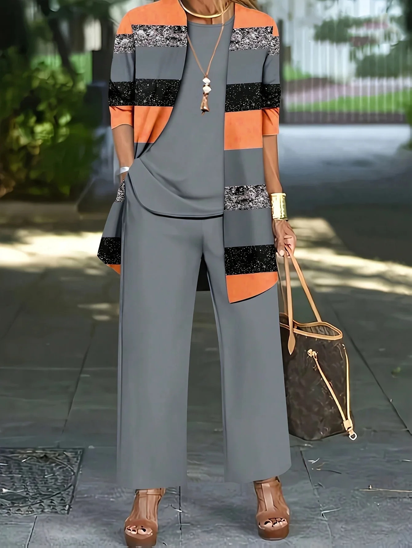 Plus Size 1XL-5XL Womens Fashion 3-Piece Set Womens Casual Long Sleeve cardigan vest and pants set 250427