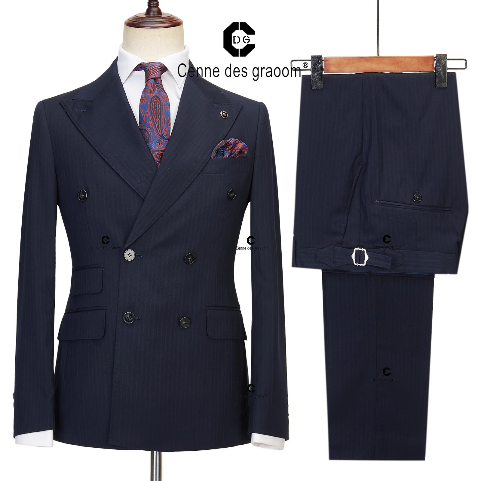 Cenne Des Graoom Double Chest Blue Black Striped Mens Custom 2piece Jacket Pants Business Meeting Wedding 250428