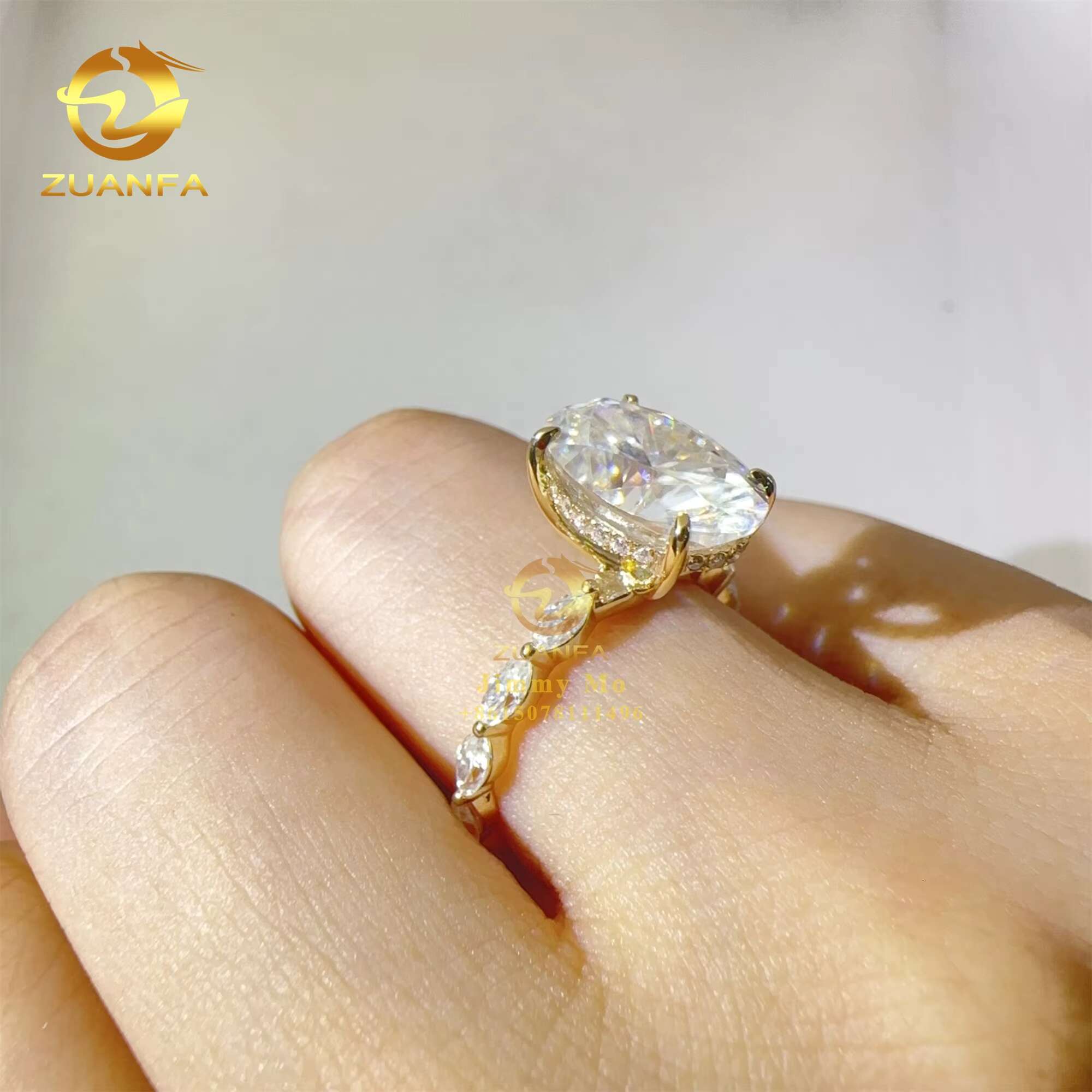 14k Yellow Gold 4.5ct Iced Crushed Oval Marquise Moissanite Diamond Engagement Wedding Band Ring Women Gift GRA Certificate