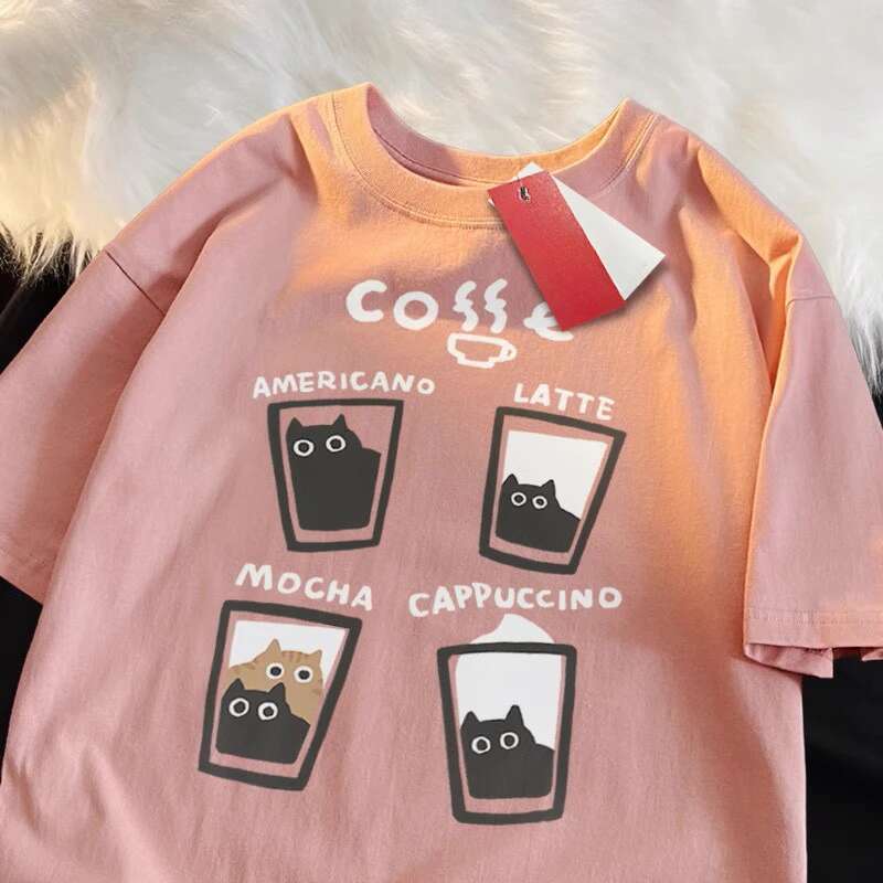 Summer Cream Coffee Cat Print Oversized Loose Short Sleeve Unisex T-shirt Women American Youth Casual Street Couple Top