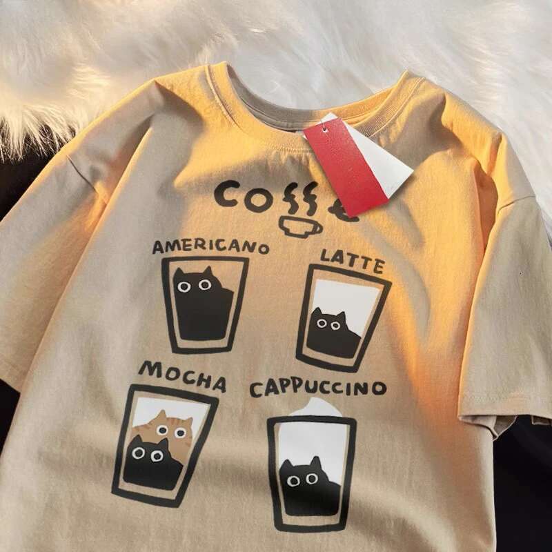 Summer Cream Coffee Cat Print Oversized Loose Short Sleeve Unisex T-shirt Women American Youth Casual Street Couple Top