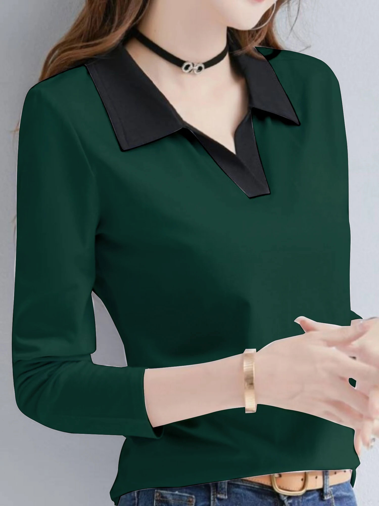 Solid color contrast n womens casual and fashionable daily long sleeved polo shirt spring automatic knitted top 250425