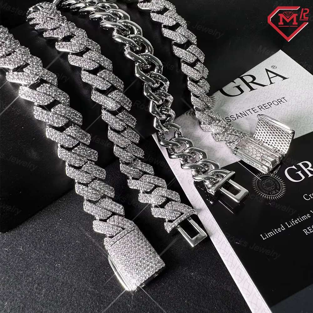 Stock 15mm 18mm Classic Cuban Link Chain Hiphop 925 Silver Iced Out Moissanite Cuban Chain