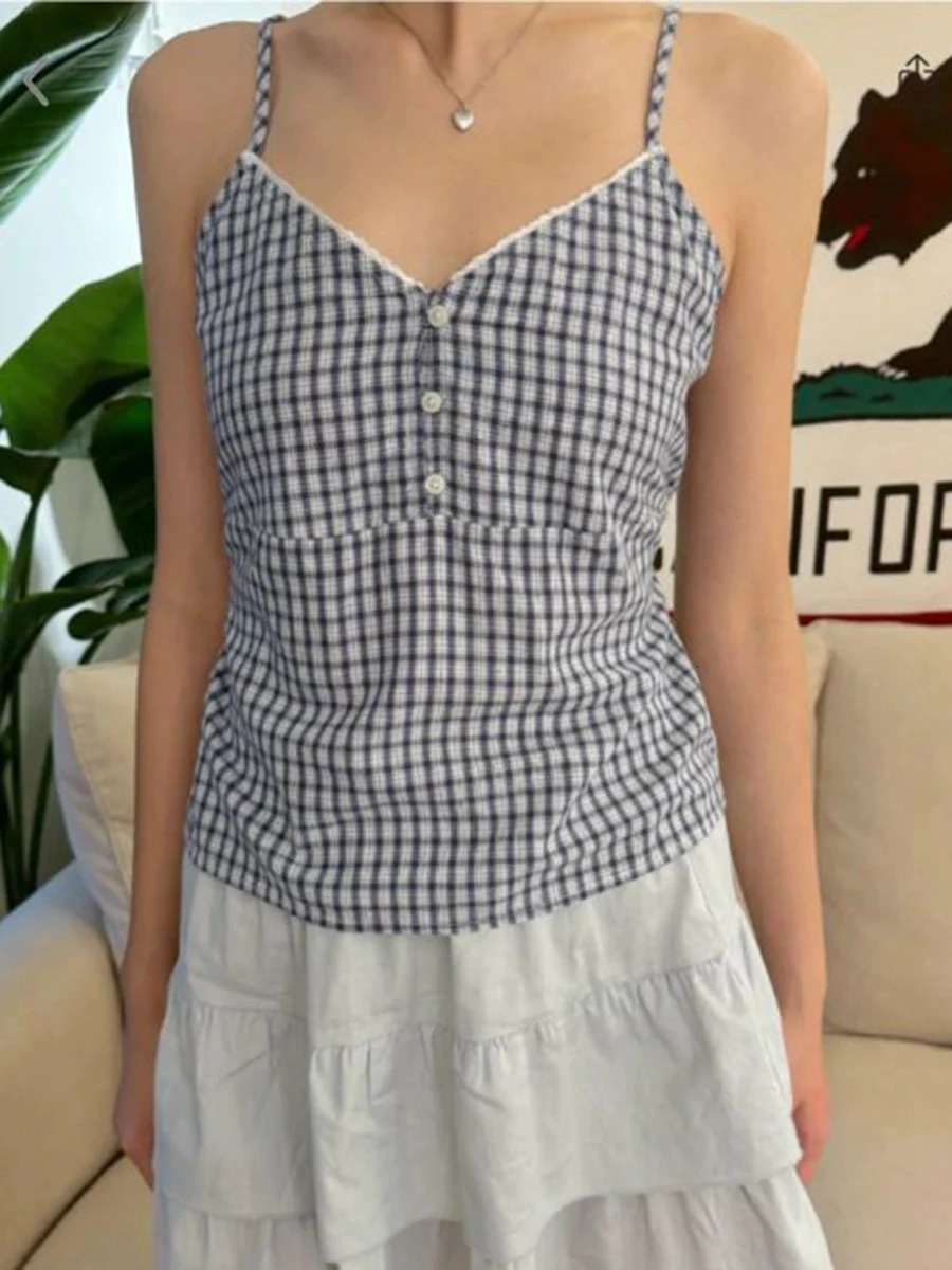 Retro navy blue plain weave vest for women with lace trim V-neck button back cotton Camis summer casual streetwear sweetheart slim fit vest 250427