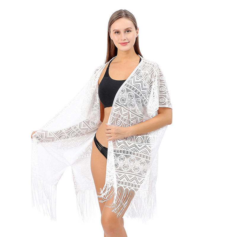 K594 Cross-border European and American style sexy lace cardigan beach bikini cover-up geometric tassel shawl sun protection clothing for women