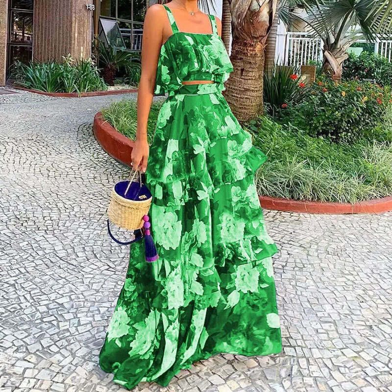 European and American Women's Beach Edge Fake Style Printed Two piece Set with Strap Top, Cake Skirt, Long Skirt Set, Versatile New Trendy Clothi