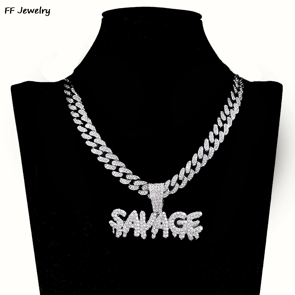 Men Women Hip Hop SAVAGE Letters Pendant Necklace with 13mm Cuban Chain Iced Out Bling HipHop Necklaces Fashion Charm Jewelry 250427