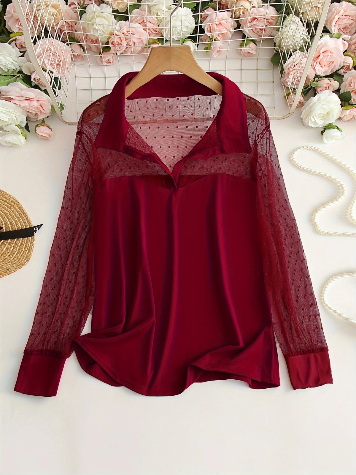 Mesh patchwork collar shirt elegant long sleeved slim fit top suitable for spring and summer womens clothing 250425