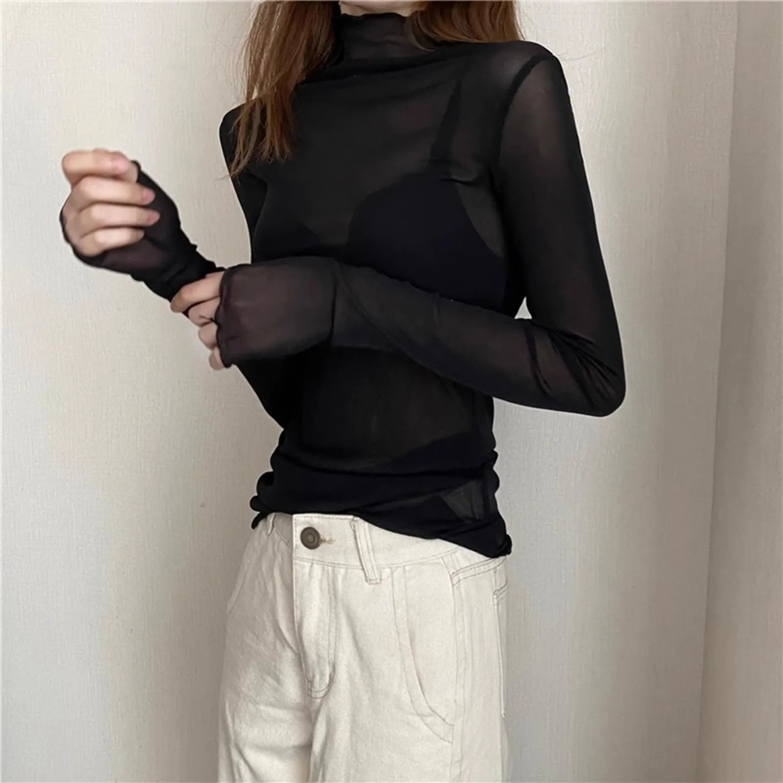 High neck transparent mesh womens clothing long sleeved turtle Tshirt black and white pink shirt layered chiffon top 250425