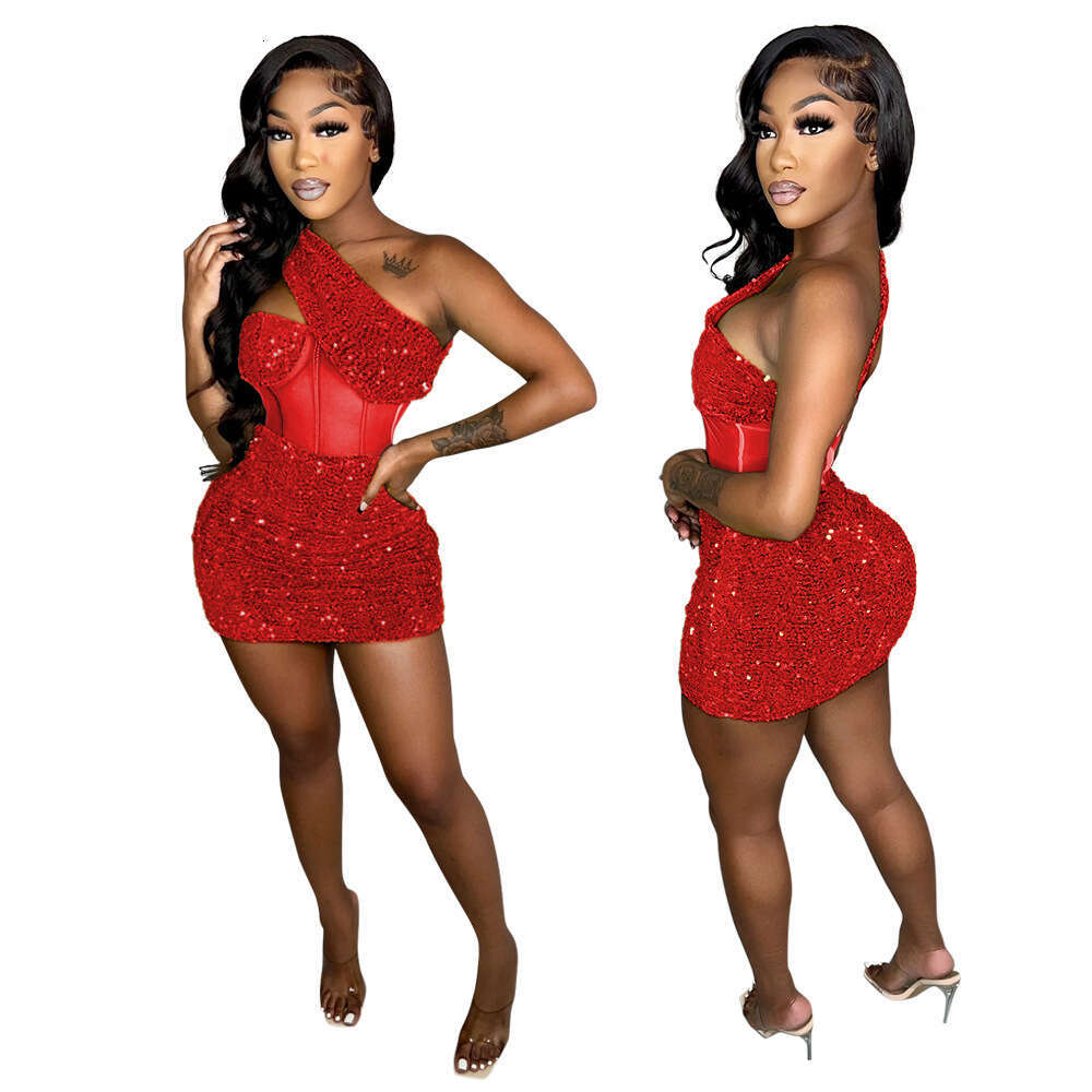 European and American sexy sloping collar sequin splicing polyester mesh nightclub party bag hip dress for women 2025 new casual fashion trend clothin