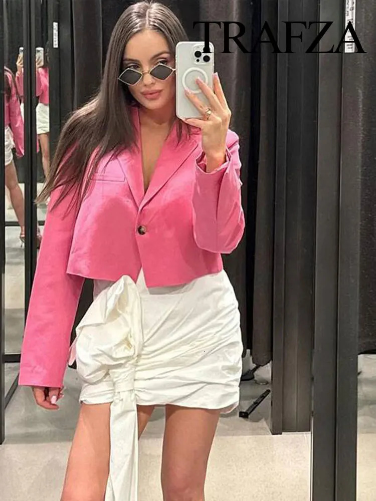 TRAFZA Womens Fashion Office Short Sleeve Summer Retro Vneck Single Button Elegant Long Casual Coat Sttreetwear 250428