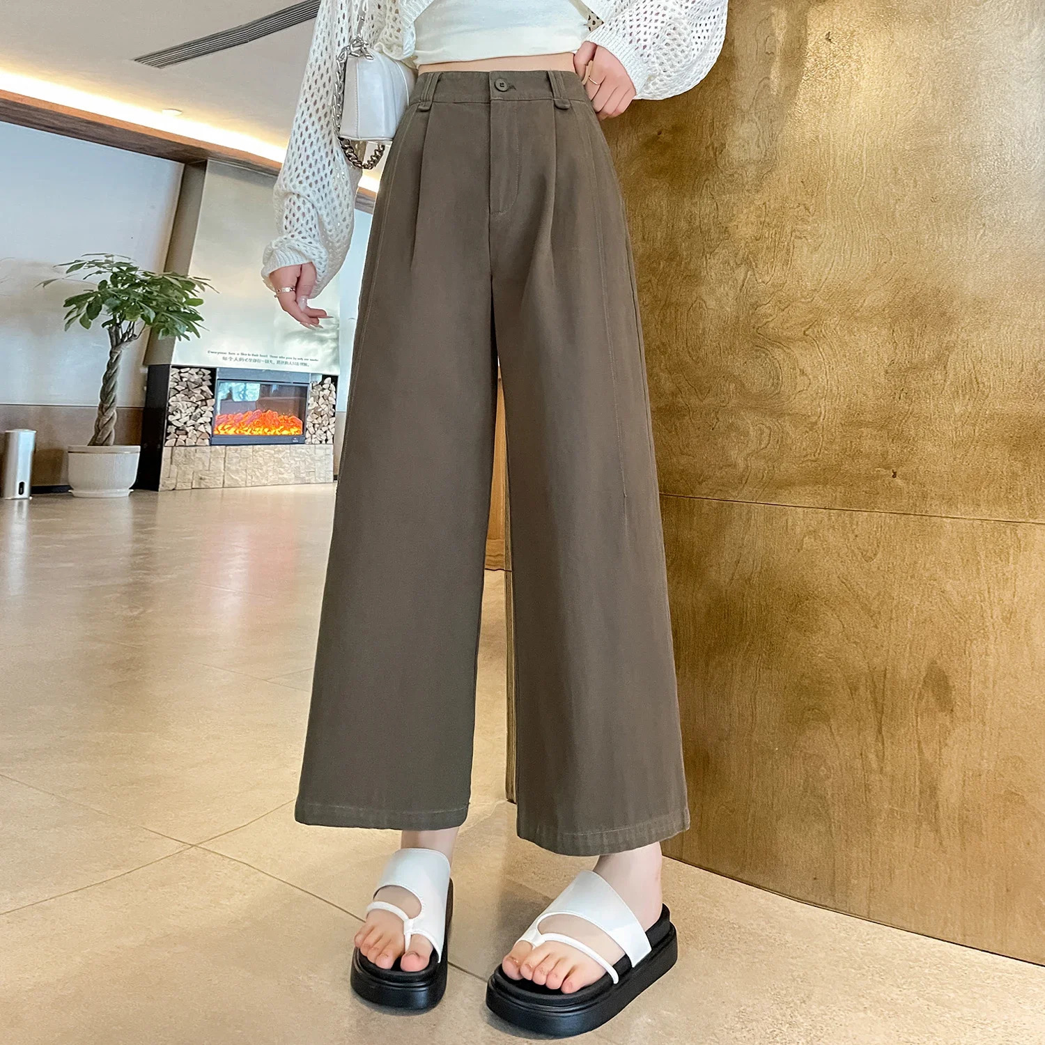 SpringSummer Cotton Wide Leg Pants Suitable for Women Waist Solid Casual Loose Ankle Length Mens Style 250428