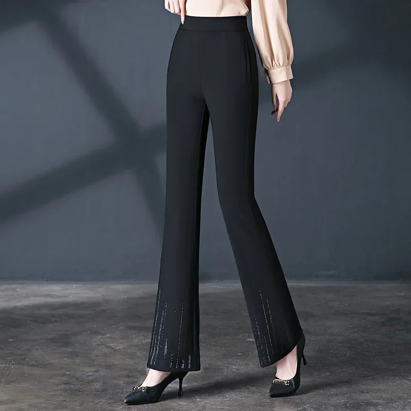 Spring High Waist Micro Flash Casual Womens Trouser Almond Elastic Diamond Temperature Fish Tail Pants 250428