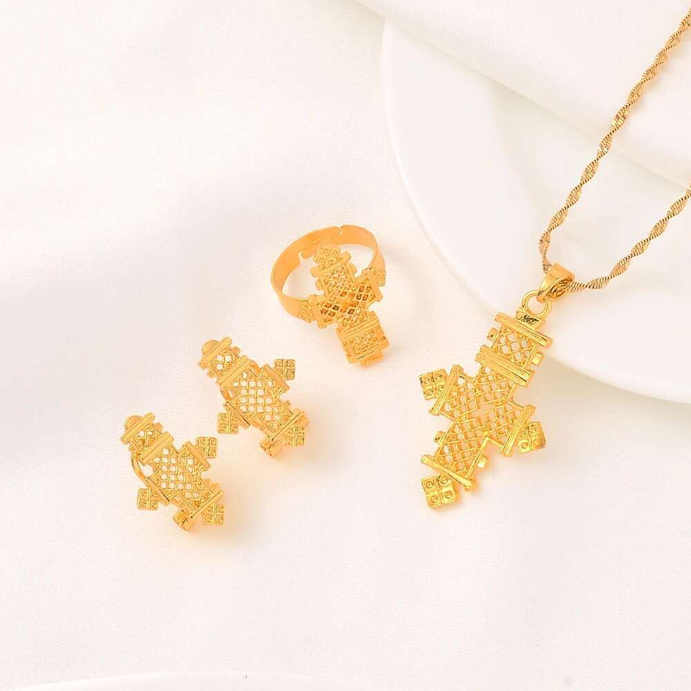 Hot Ethiopian Jewelry Coptic Crosses Pure Gold Color Sets Nigeria Eritrea Kenya Habesha Style