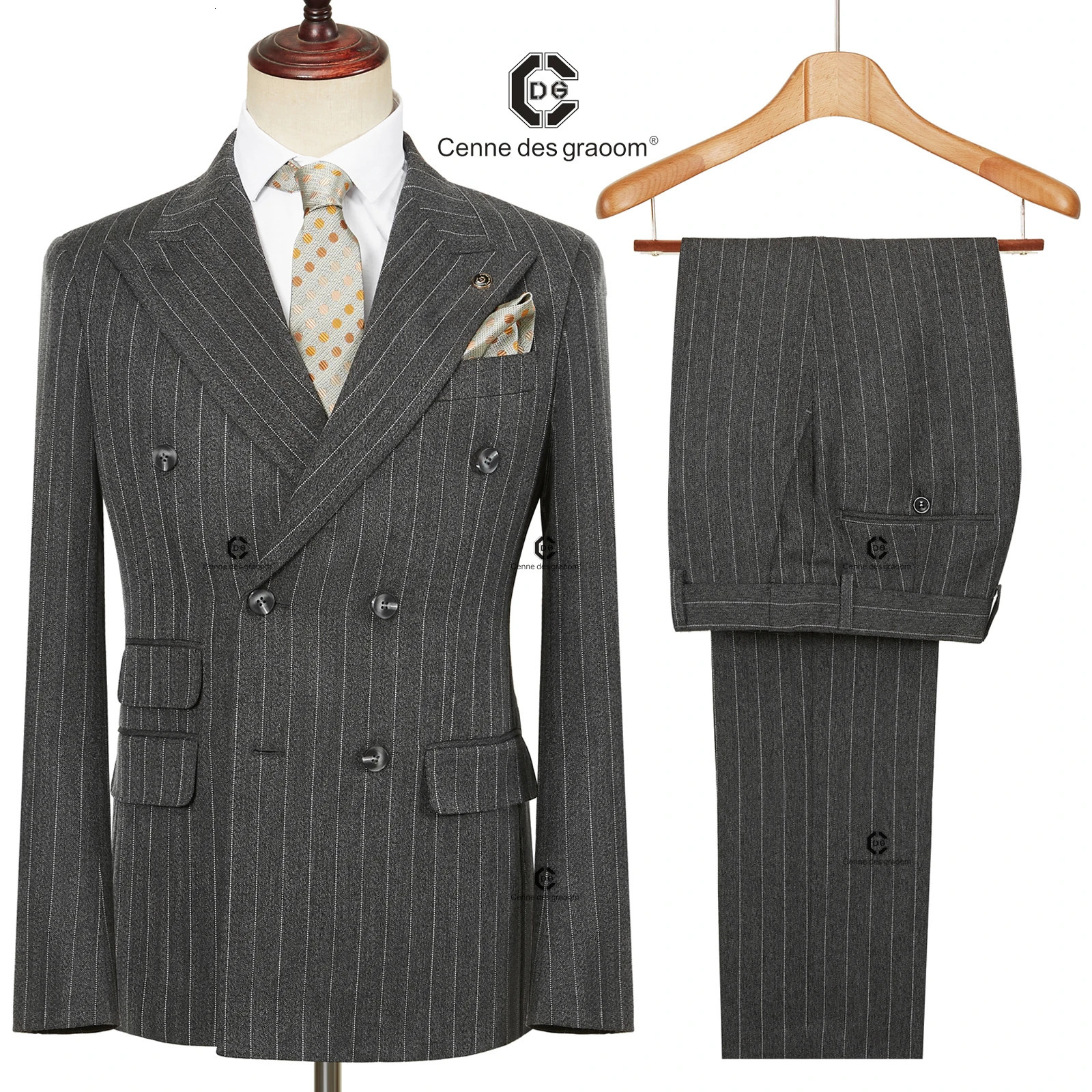 Cenne Des Graoom mens double chest striped suit slim fit 2piece set jacket pants office smart casual wedding 250428