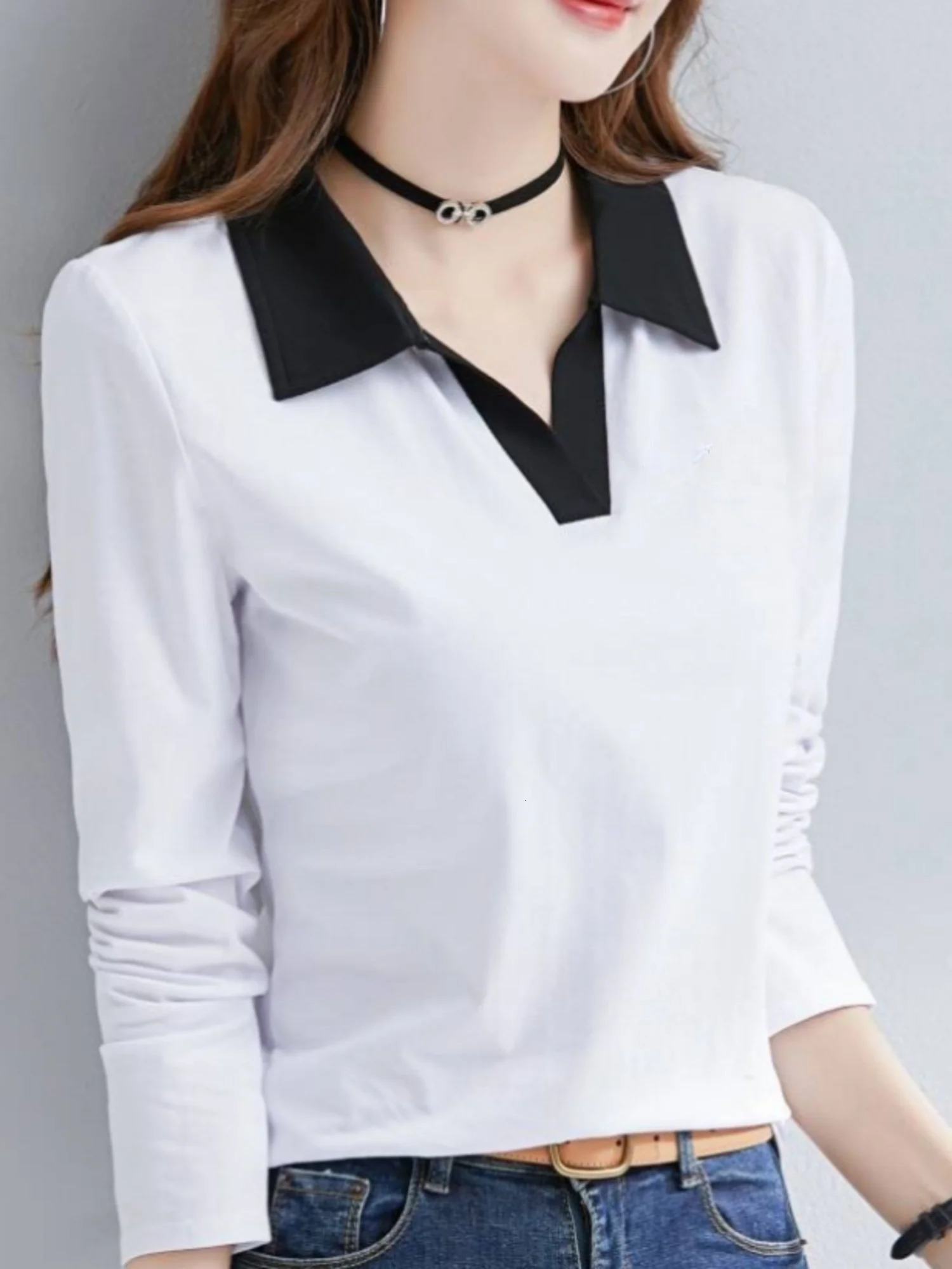 Solid color contrast n womens casual and fashionable daily long sleeved polo shirt spring automatic knitted top 250425