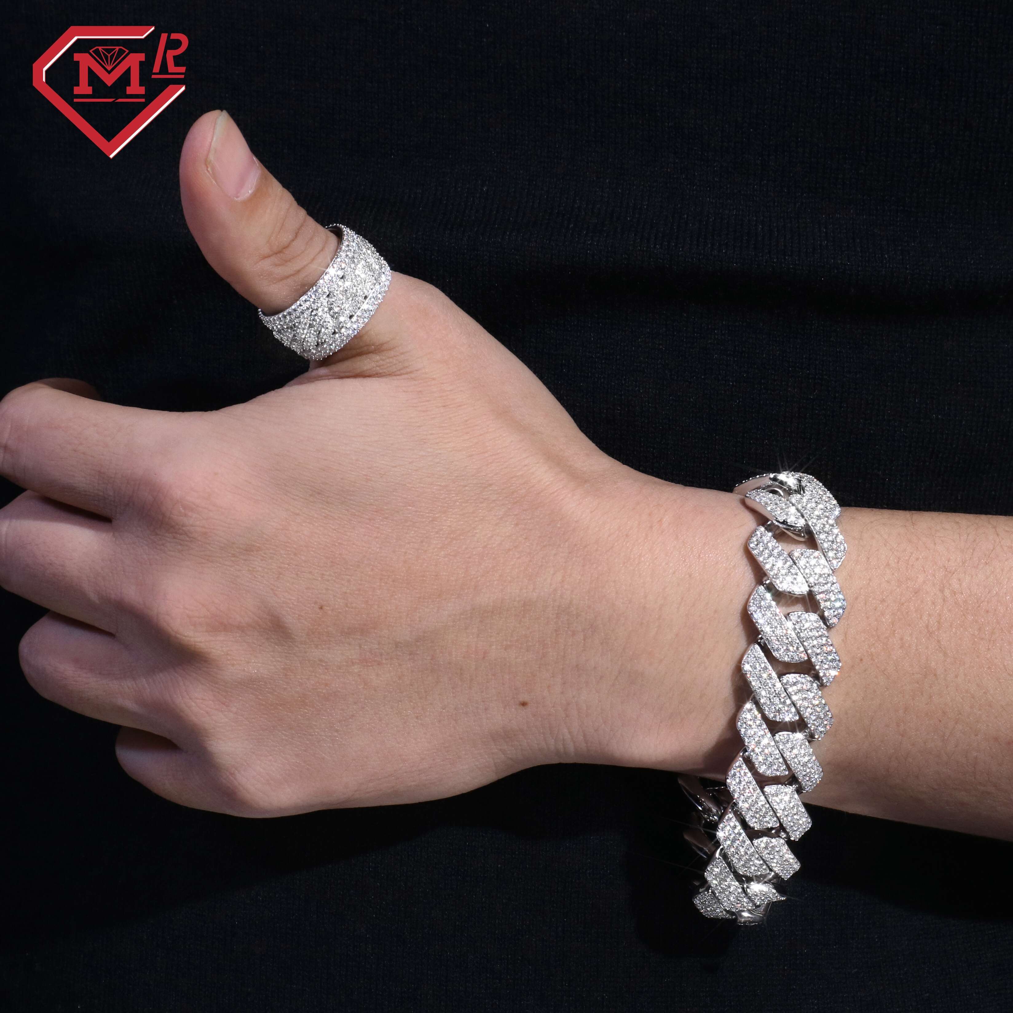 China Factory Moissanite Cuban Bracelet Custom Hip Hop Bracelet3 Rows Real Solid S925 Silver Moissanite Bracelet